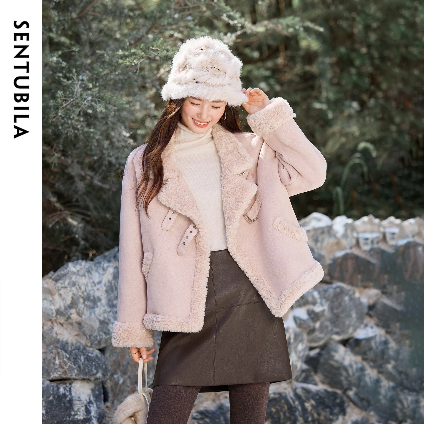 SENTUBILA Women's Winter Jacket Faux Fur 2026 New Two‑Way Collar Loose Thick Warm Lady Style Office Commuter Outerwear W64PD7702