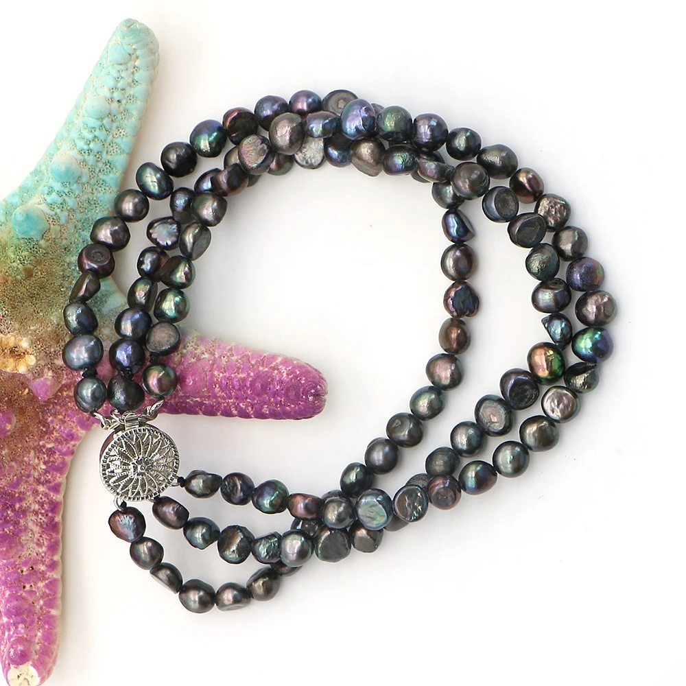 Natural Irregular Shape Dyed Peacock Black Edison Three-row Button Multi-layer Pearl Bracelet Jewelry Decoration Party Gift