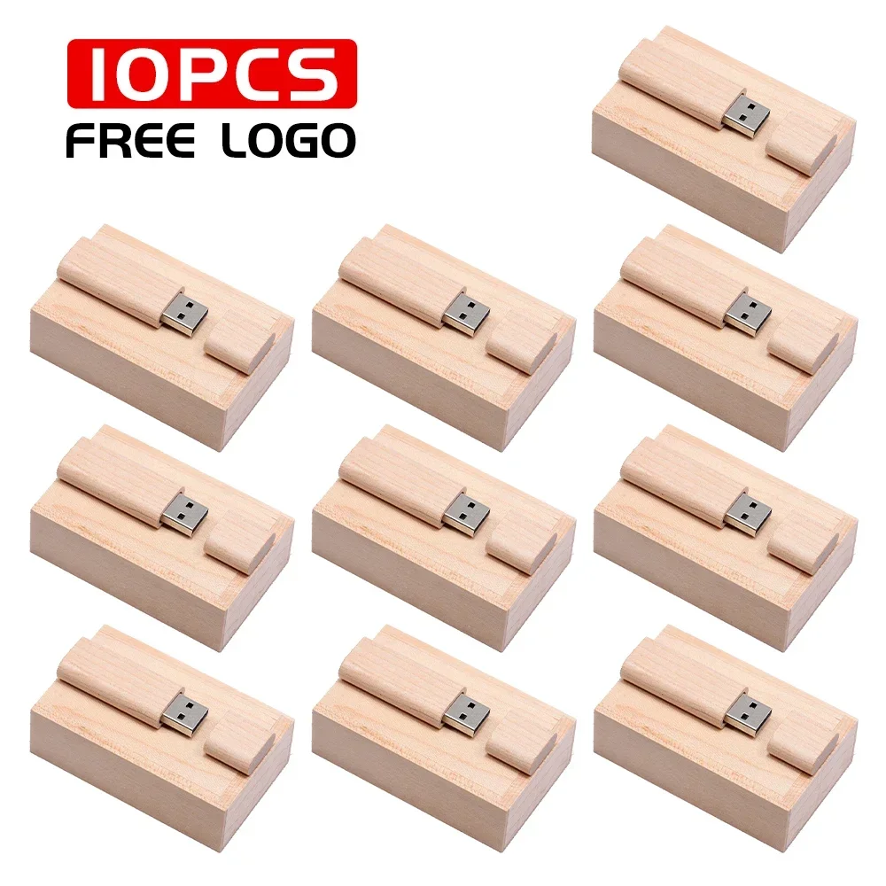 10PCS/LOT USB 2.0 Flash Drives 128GB Wooden Pen drive 16GB 32GB with Box Memory stick 16GB Wedding gift U disk Free custom logo