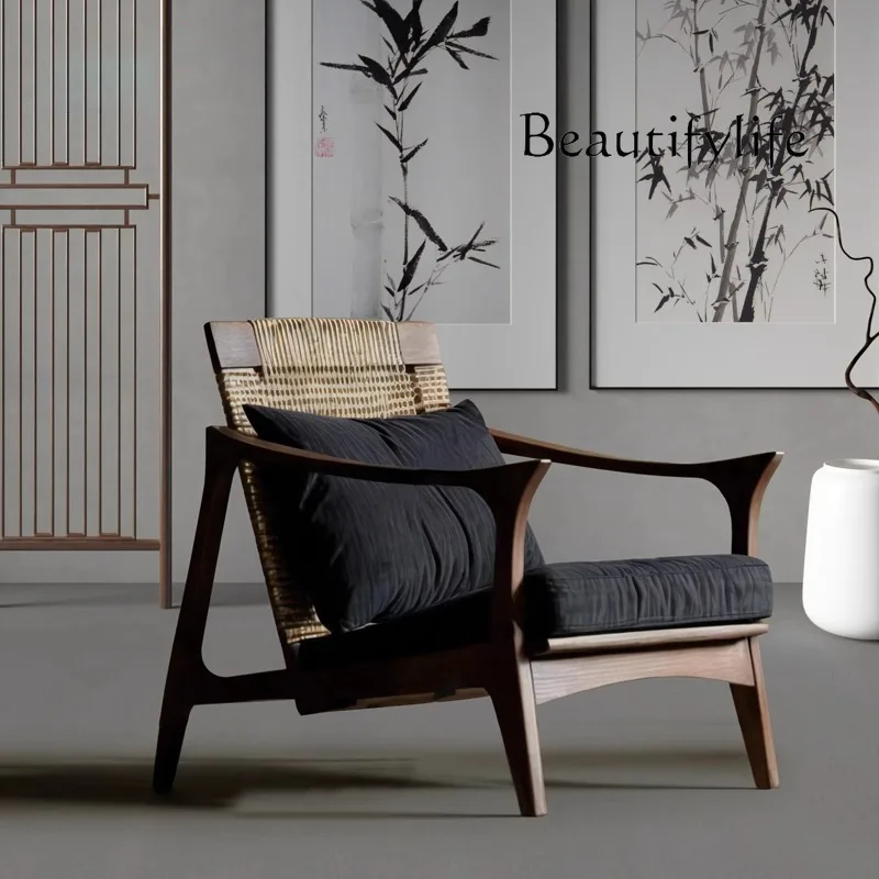 Single sofa wind living room rattan chair retro balcony leisure chair walnut solid wood sofa chair designer