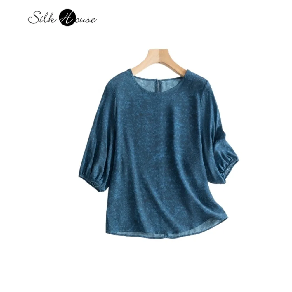 

Women's Clothing 100% Natural Mulberry Silk 03 Crepe De Chine Lantern Long Sleeve Twilight Blue Round Neck Casual T-shirt