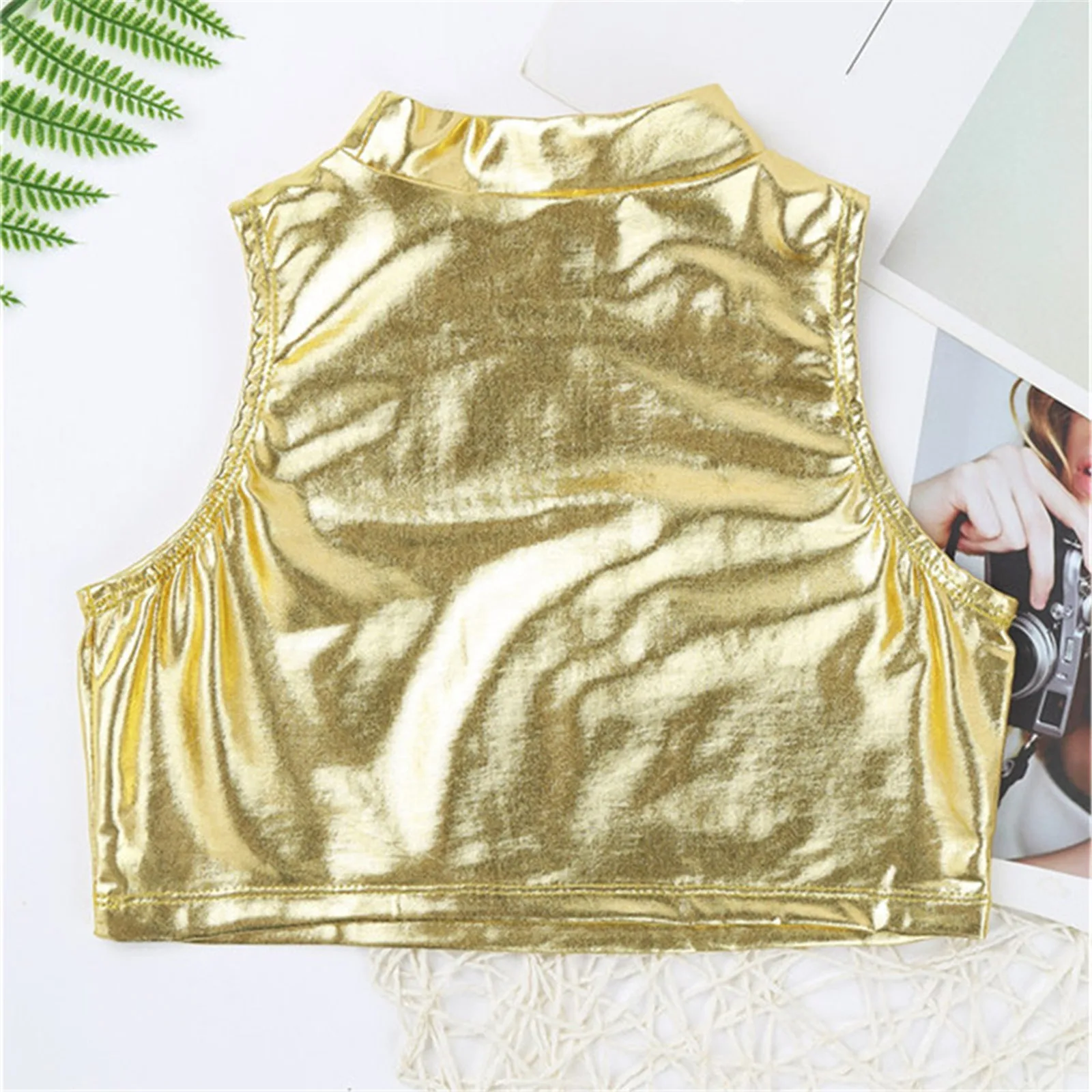 Fashion Girl\'s Tank Crop Tops Shiny Metallic Sleeveless Turtleneck Tanks Top for Stage Performance Gymnastics Workout Kids Tops