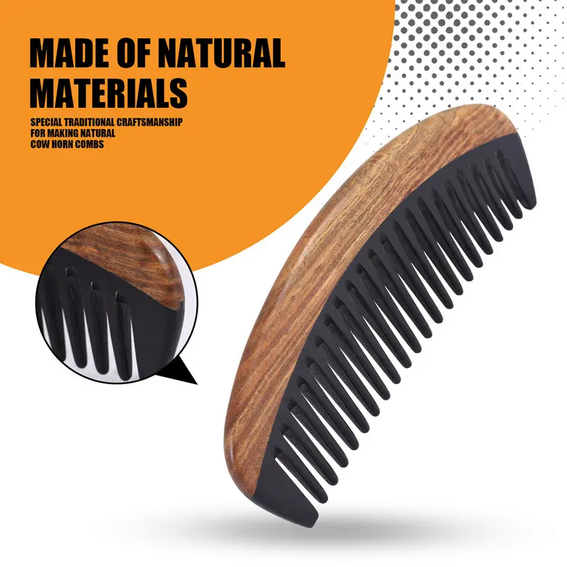 T03C-Hair Comb - Wide Tooth Wooden Detangling Comb For Curly Hair - No Static Sandalwood Buffalo Horn Comb For Men And Women