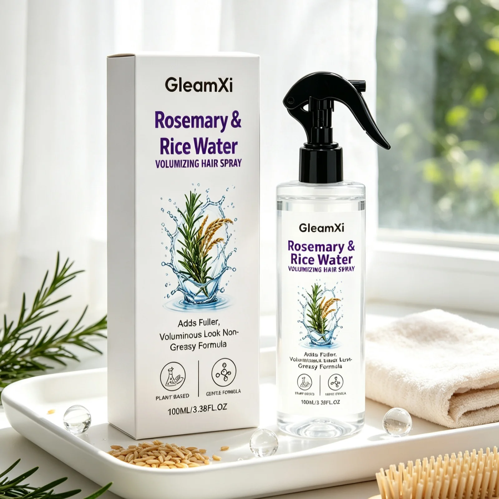 GleamXi Rosemary Rice Water Hair Spray Tame Frizzy Hair Gentle Formula Non Greasy Lightweight Volumizing Shiny Fluffy Hair Spray