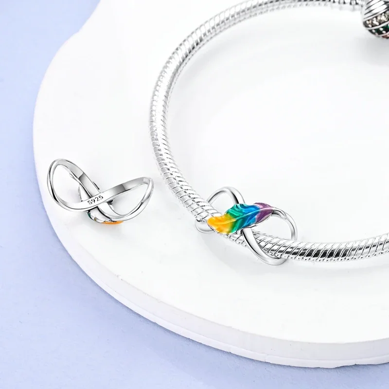Original Charms 925 Silver Colorful Feather Infinity Symbol Beads Fit Charms Plata 925 Bracelets For Women Jewelry Making Gifts