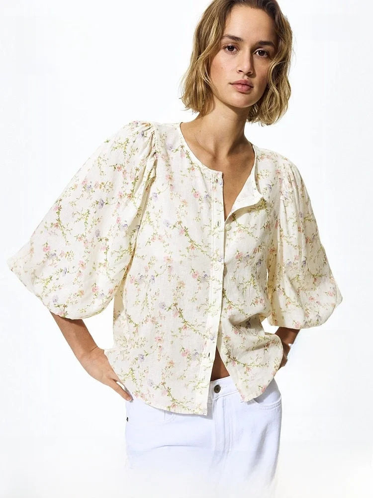 

Женская рубашка H&M, новая летняя модель из льняной смеси, с рукавами-фонариками, в деревенском стиле, с цветочным принтом, повседневная, на пуговицах, трикотажная, 1256527