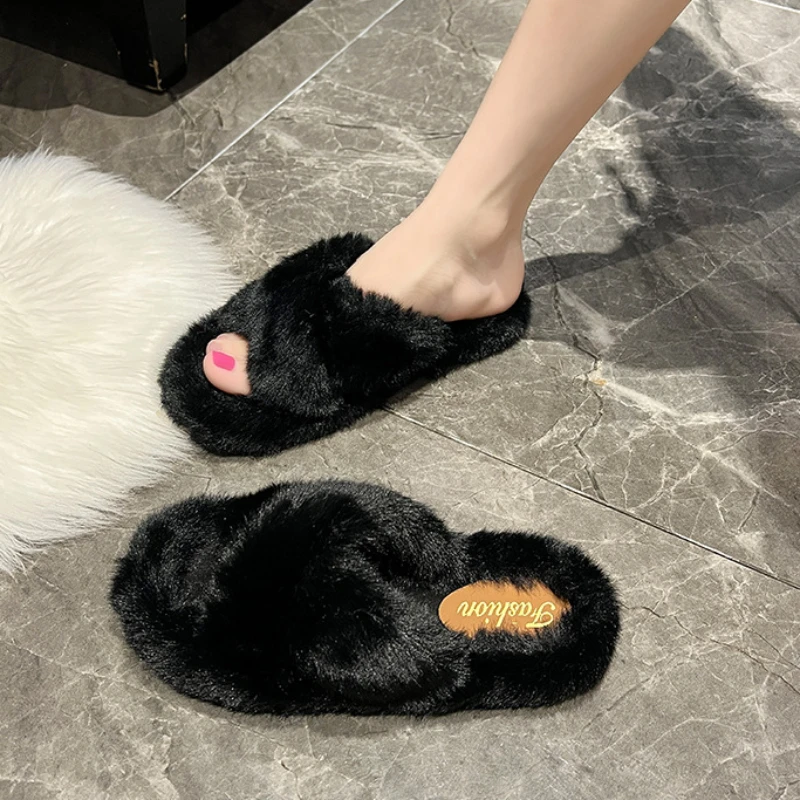 2023 Winter Women Home Indoor Casual Slippers Female Flip Flops Fluffy Shoes Cross Design Slides Ladies Soft Warm Plush Slipper