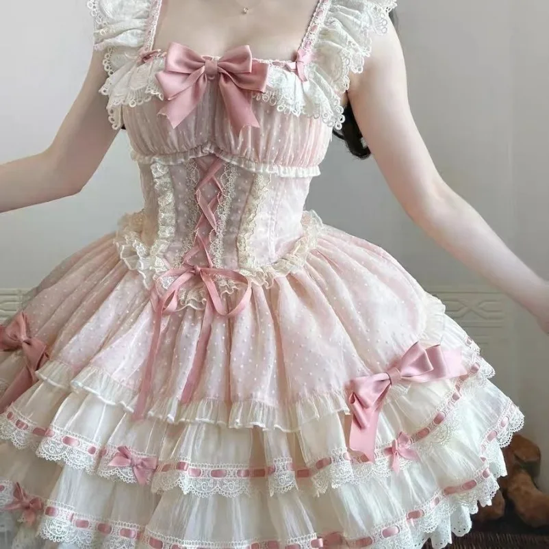 الفرنسية الحلو الجنية لوليتا فستان المرأة طويلة الأكمام الدانتيل Y2k فستان قصير خمر Kawaii الملابس قطعة واحدة فستان جديد الصيف الكورية