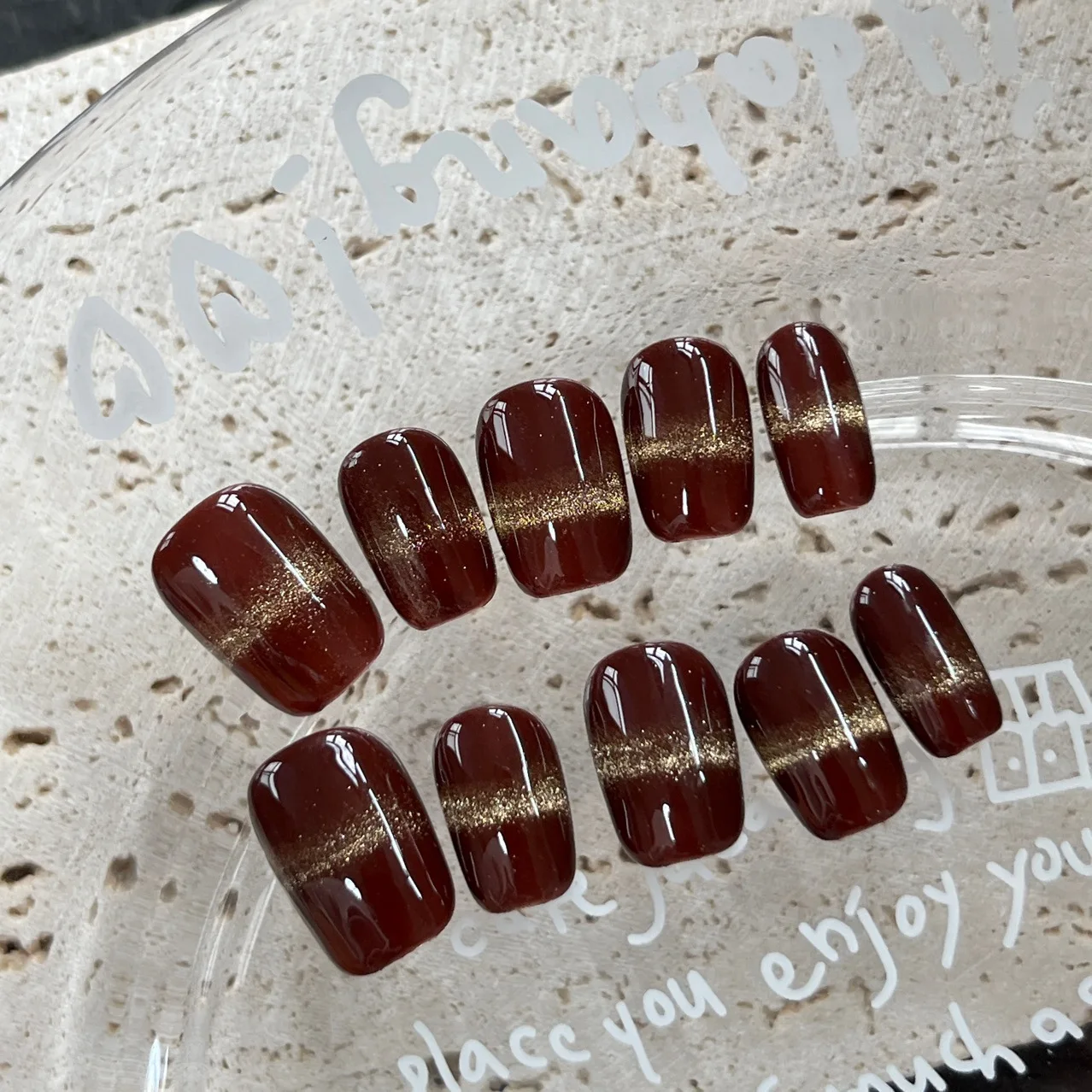 

10pcs Handmade Press on Nail Chocolate Glitter Cat-Eye Short Square False Nail for Women&Girl Detachable Wearable Fake Nail