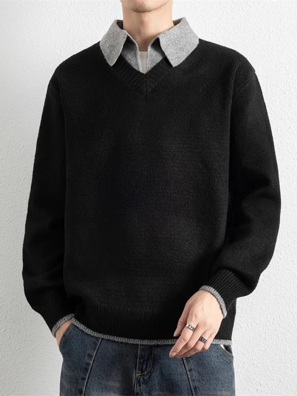 

Мужской вязаный свитер Sli с воротником irt, многослойный искусственный двухсекционный осенне-зимний повседневный удобный длинный топ све