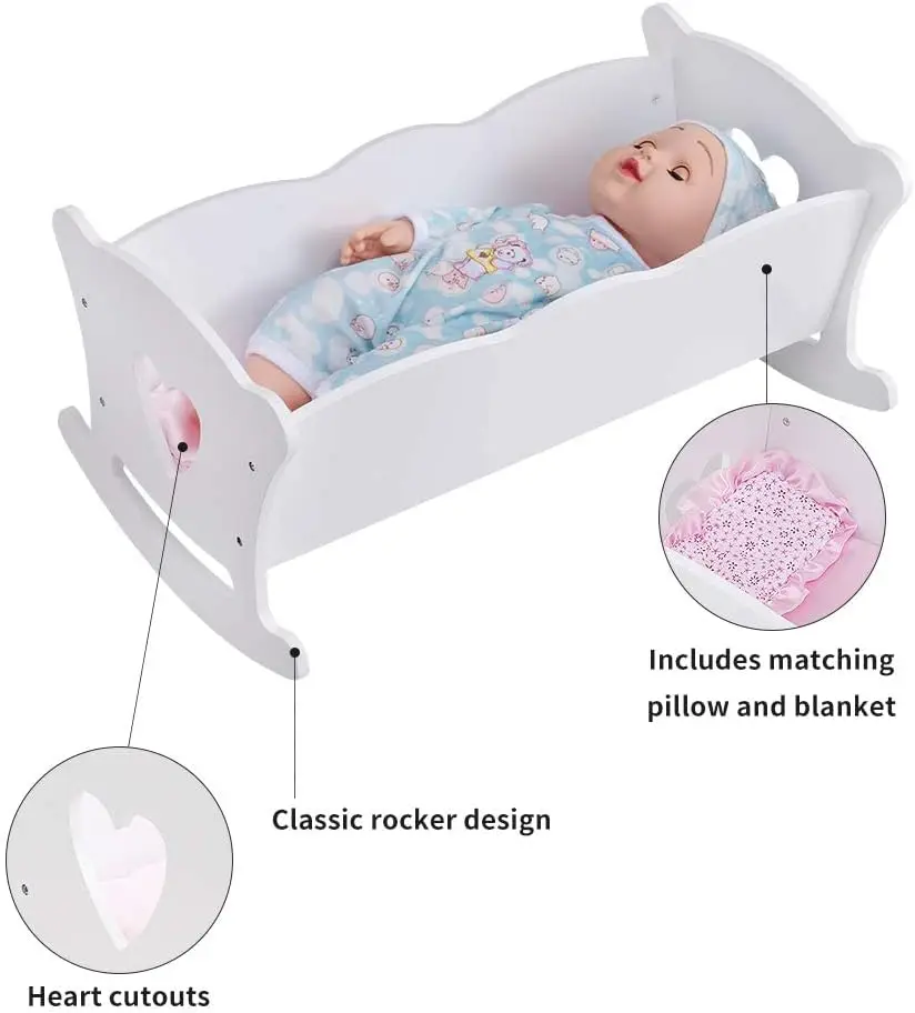 Berço de boneca branco, berço de balanço de madeira para cama de bonecas de 20 tamanhos/51cm com colchão e travesseiro-móveis de boneca melhor presente