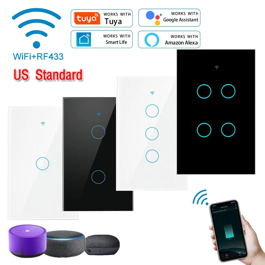 

WiFi Tuya Smart Switch Interruptor Without Neutral Single Fire Wireless 433Mhz Remote 1/2/3/4 Gang Smart Home With Alexa Google