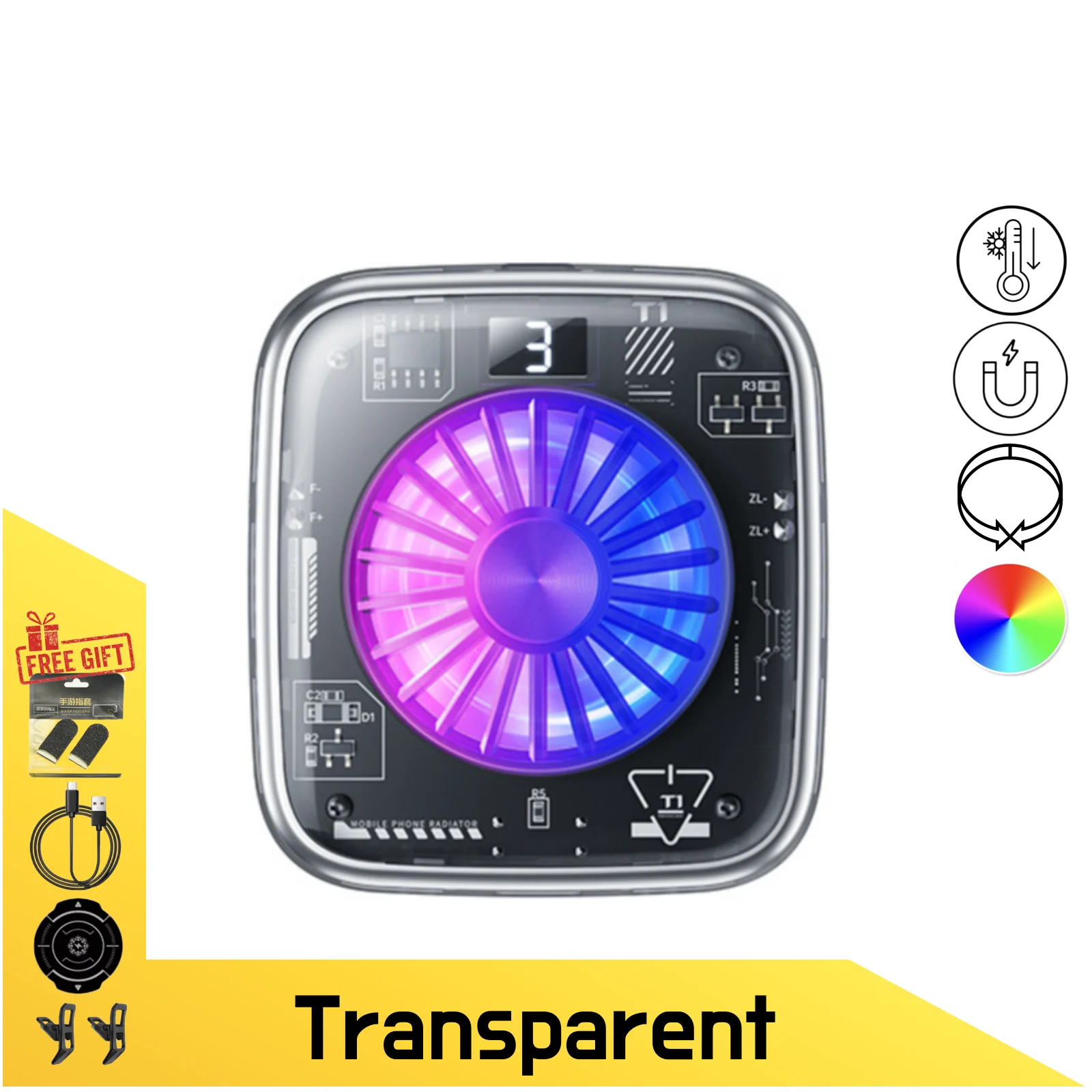 High-Performance Gaming Phone Cooler, Semiconductor with Ice Generation, Magnetic & Clip-On Design with RGB Lighting Effects