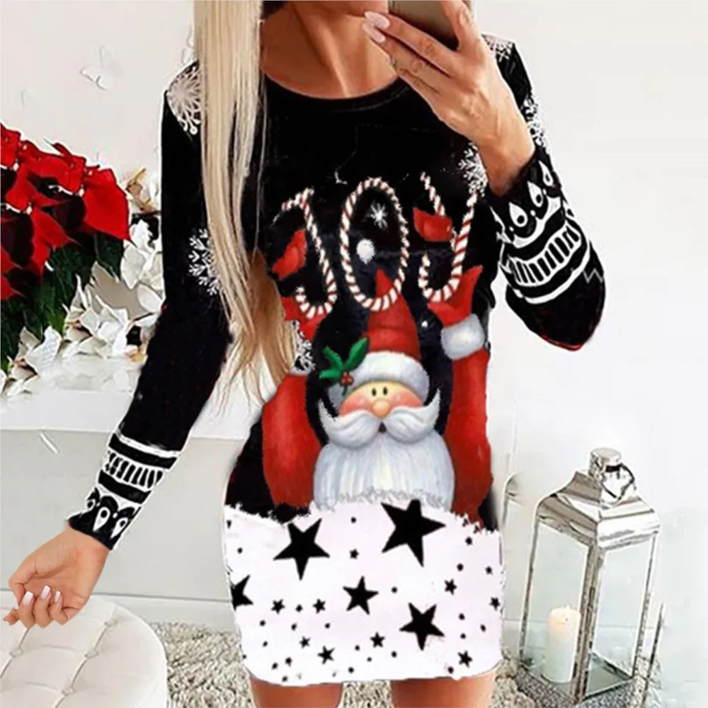 2024 frauen Langarm Rundhals Pullover Weihnachts Drucken Sexy Kleid Herbst Und Winter Neue Slim Fit Pullover T-shirt Kleid