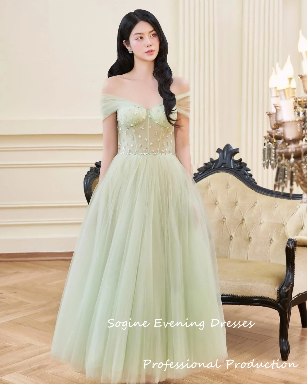 

Cute Green Tulle Off Shoulder Evening Dresses For Women 2025 Luxurious Crystal Princess Party Dress Sweet Girls A-Line Formal