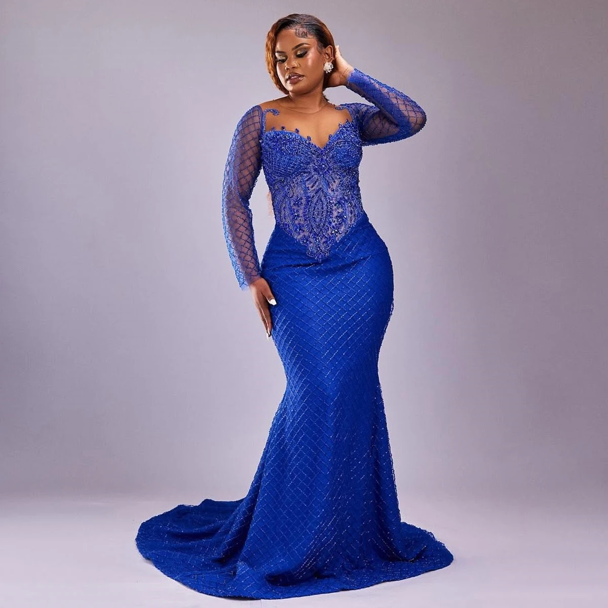 Pretty Royal Blue Lace African Prom Dresses Long Sleeves Beaded Aso Ebi Wedding Guest Dress African Bridal Dress Formal Gown