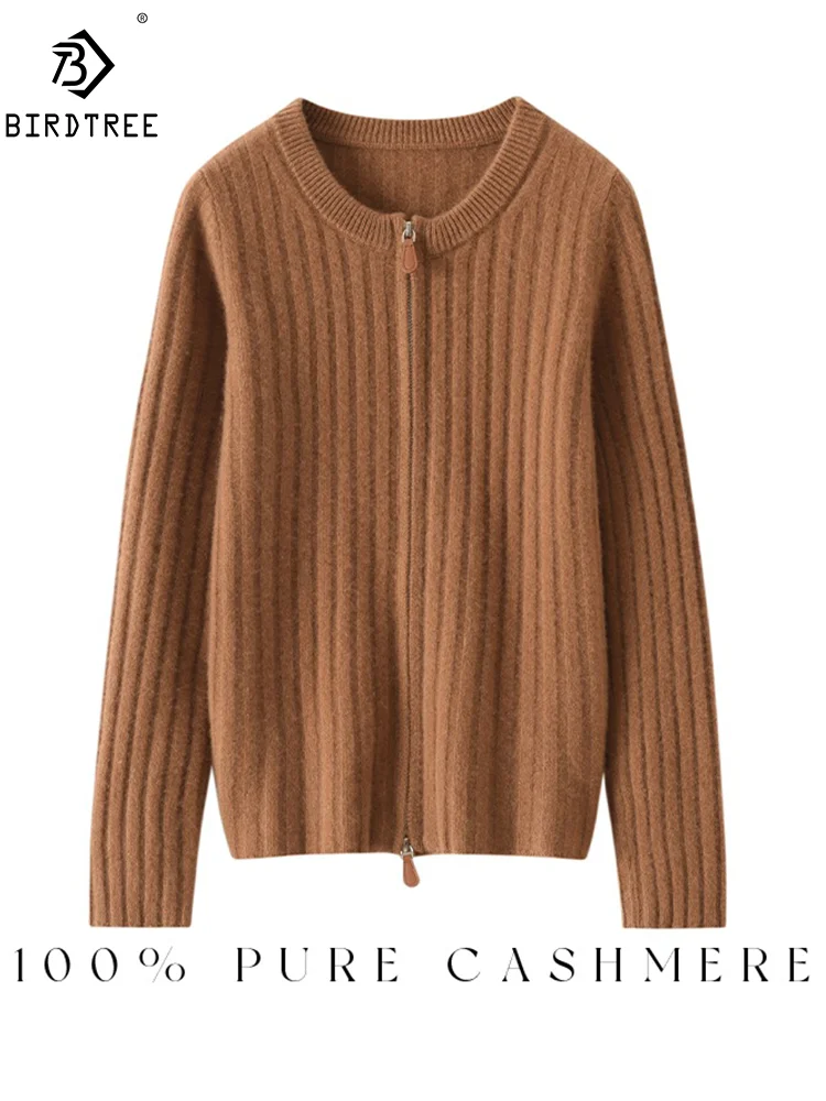 BirdTree, 100%Goat Cashmere Elegant Cardigans, Women Zippers Stripe, Casual Fashion Slim Sweater Coat, Autumn Winter C487120QM