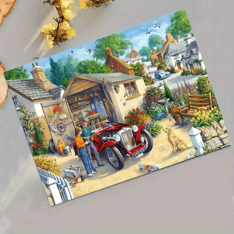 

1000pcs Vintage English Countryside Farmhouse Jigsaw Puzzle with Red Car & Classic Village Scene - Large 70.0x50.01 cm Challen
