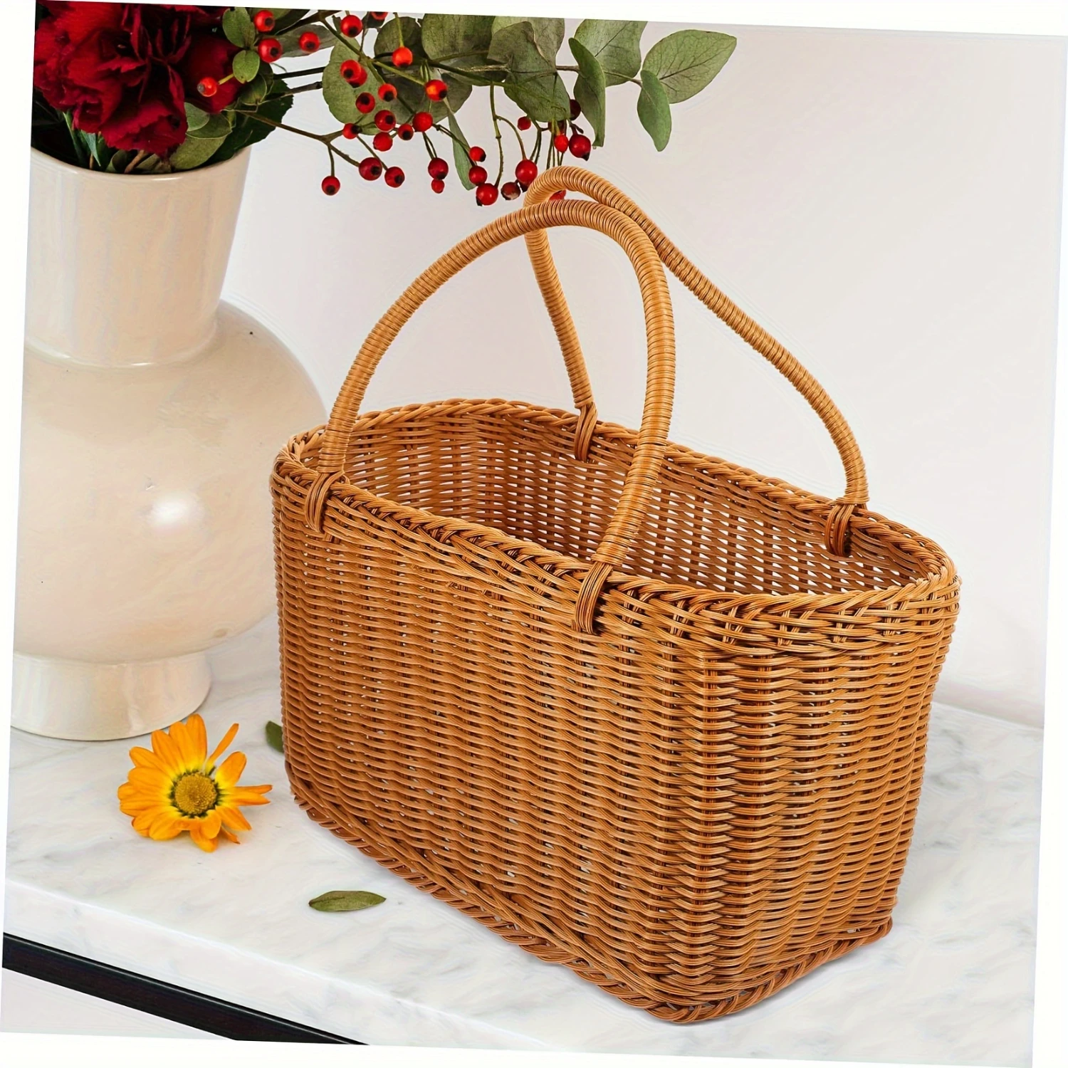 

1pc Woven Basket, Household Hand Rattan Basket, Vegetable Flower Arrangement Basket, Fruit Cake Snacks Picnic Basket, Tray Box