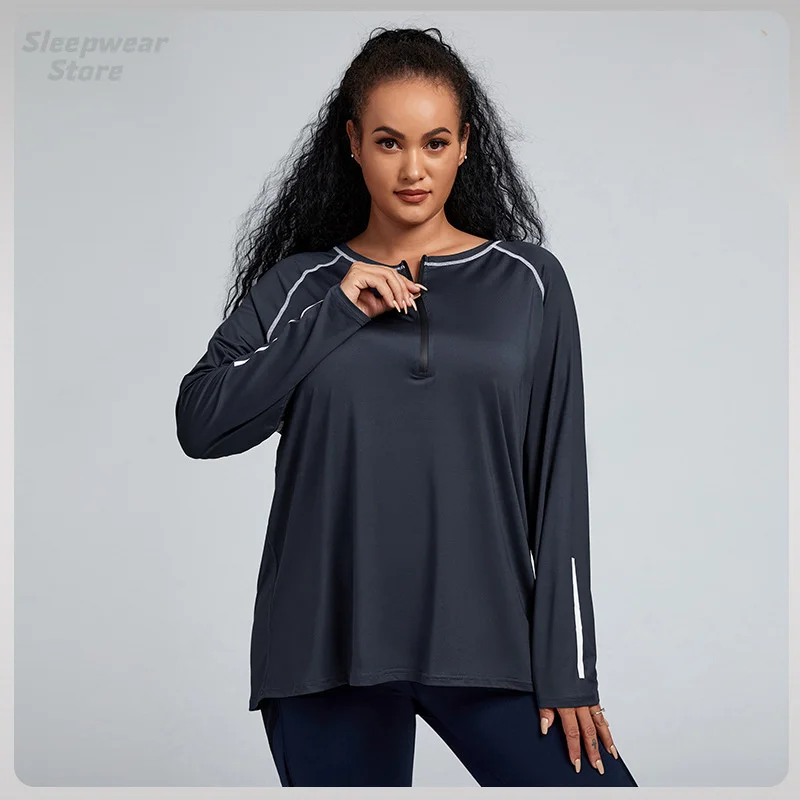 

Long Sleeve T-Shirts Women Stretch Sweatshirt Ladies Half-Zipper Spring Workout Tops 4Xl Yoga Wear Solid Color Sports Top