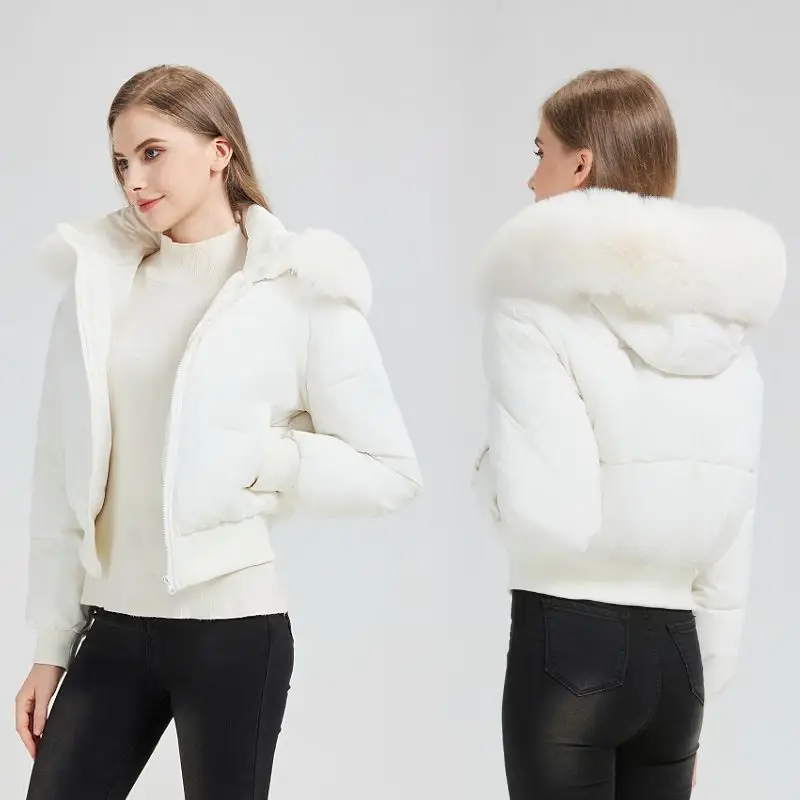 

New European and American Short Down Jacket Women Fur Collar Waist High Street Fashion Warm Jacket Simple Fashion Zipper Coats