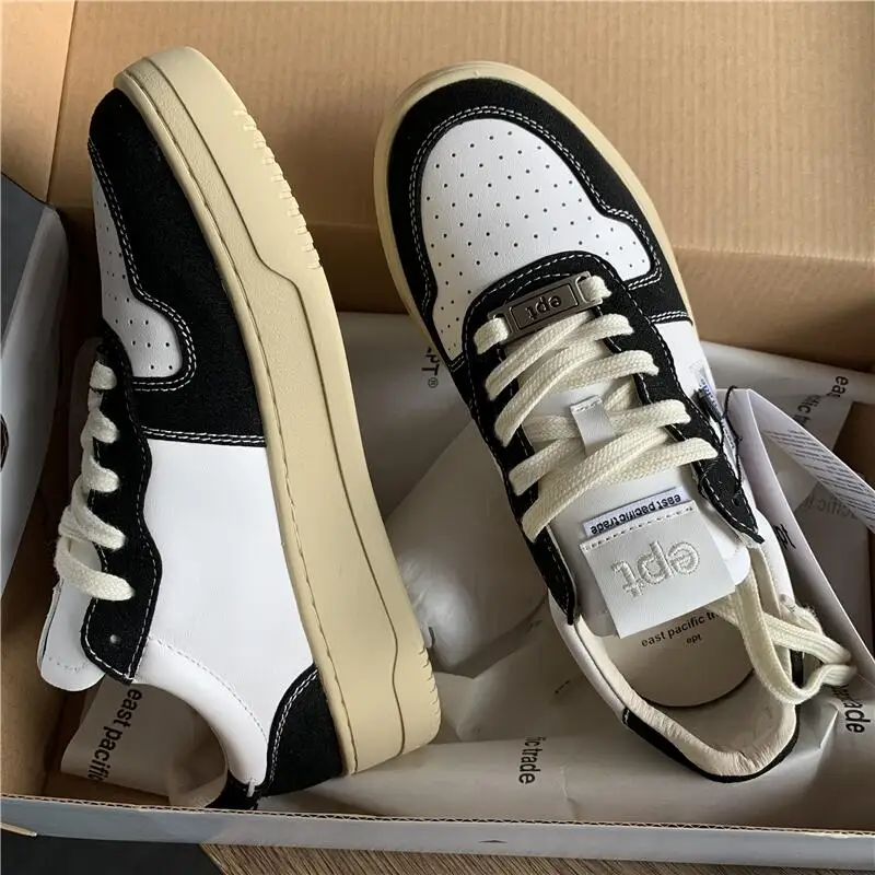 EPT South korea Blogger's Same Cowhide Trendy Shoes Sports Casual Sneakers Retro round Toe Lace-up  White Shoes Women