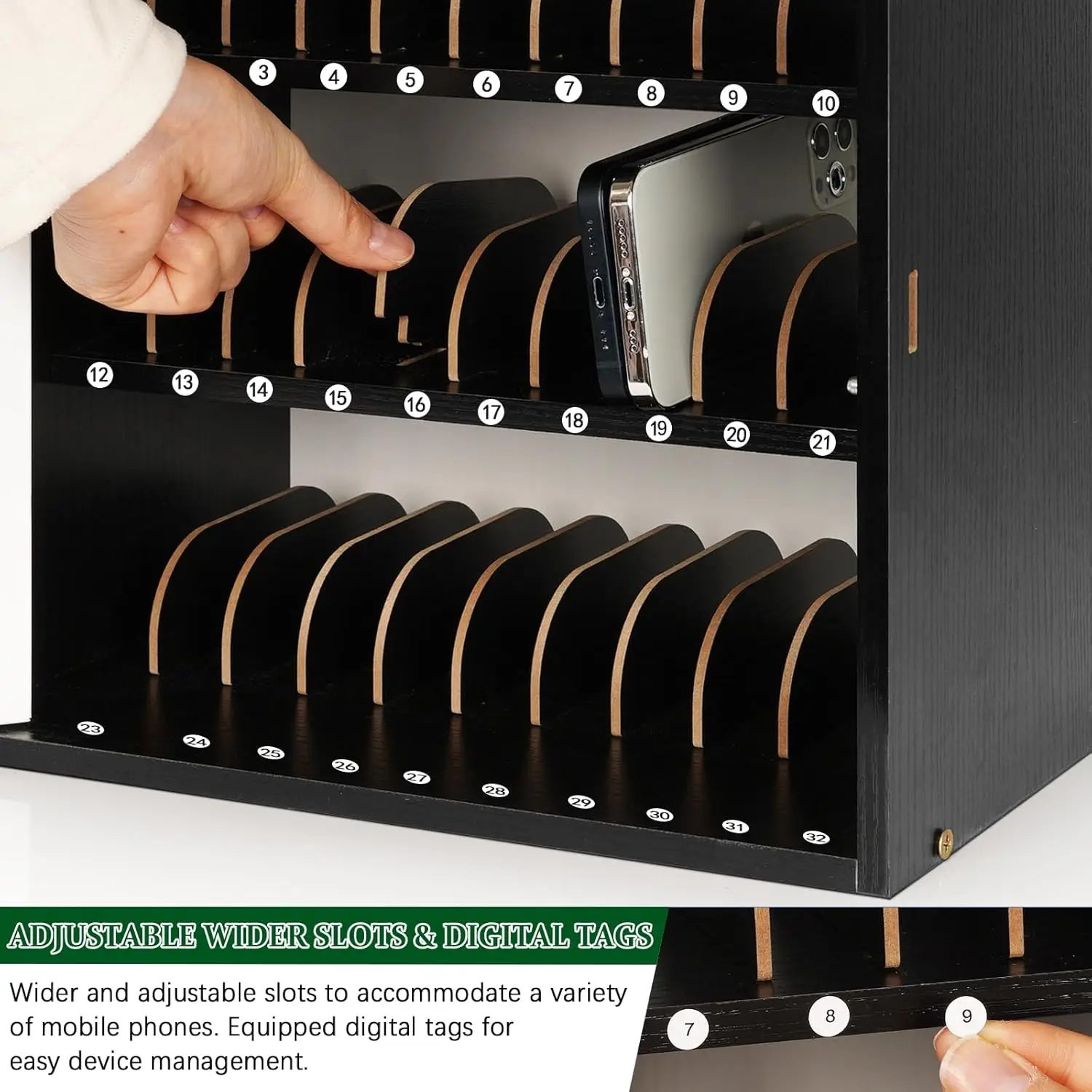 Adjustable Wooden Cell Phone Storage Cabinet with Lock, 33 Slots, Handle for Classroom Office Use