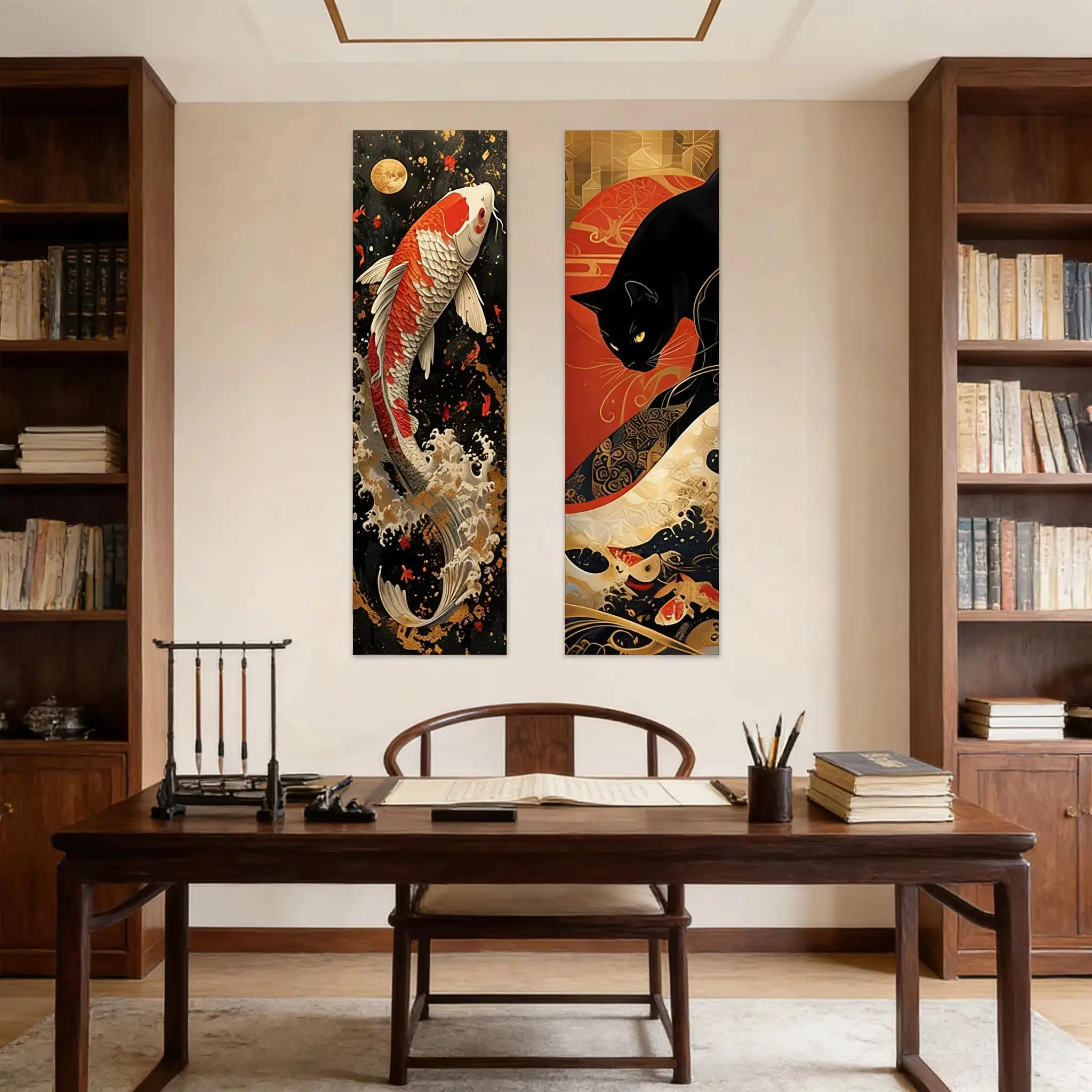 1PC Japanese Koi Fish Black Cat Tapestry, Long Vertical Japanese Asian Art Wall Hanging, Decor for Bedroom and Living Room