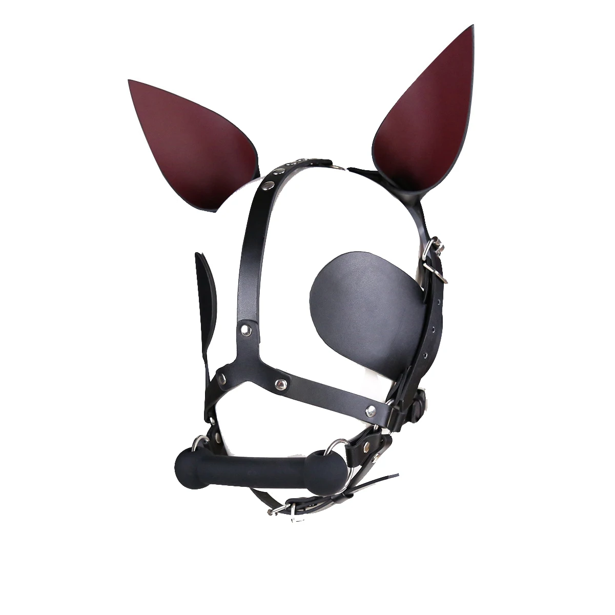 BDSM Harness Ball Gag Eye Blinder Fetish Toys Head Piece Hood Mask With Silicone Bone Mouth Gag Ears Eye Shade Bit Blindfold Set view 2
