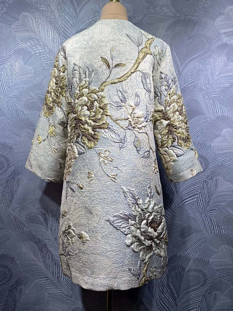 DLDENGHAN Beading Hibiscus Jacquard Coats For Women O-Neck 3/4 Sleeves Pockets Covered Button Vintage Outerwear Autumn Female