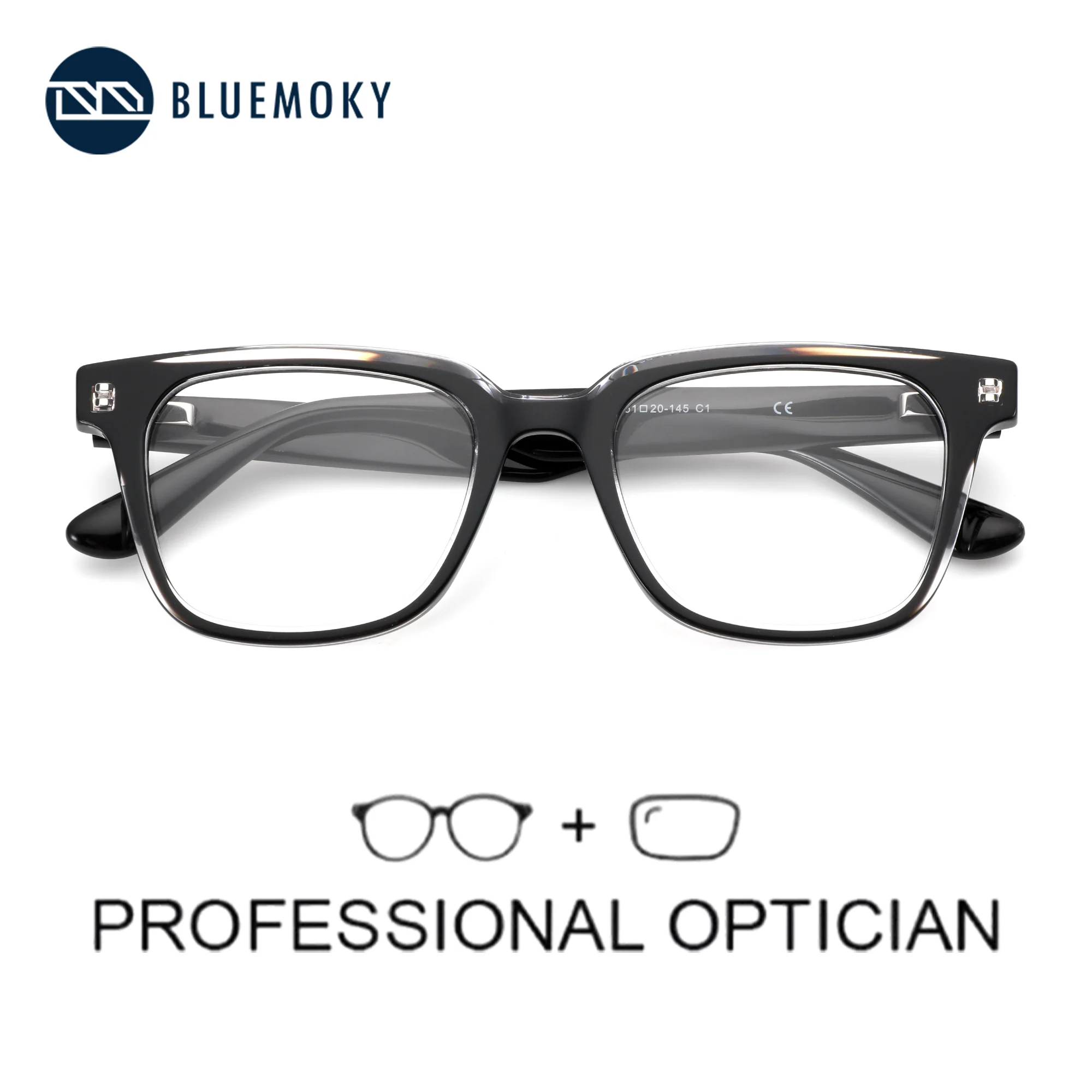 BLUEMOKY（M Size）Modish Square Prescription Glasses For Men Trendy Acetate Anti Blue Light Photochromic Optical Eyeglasses