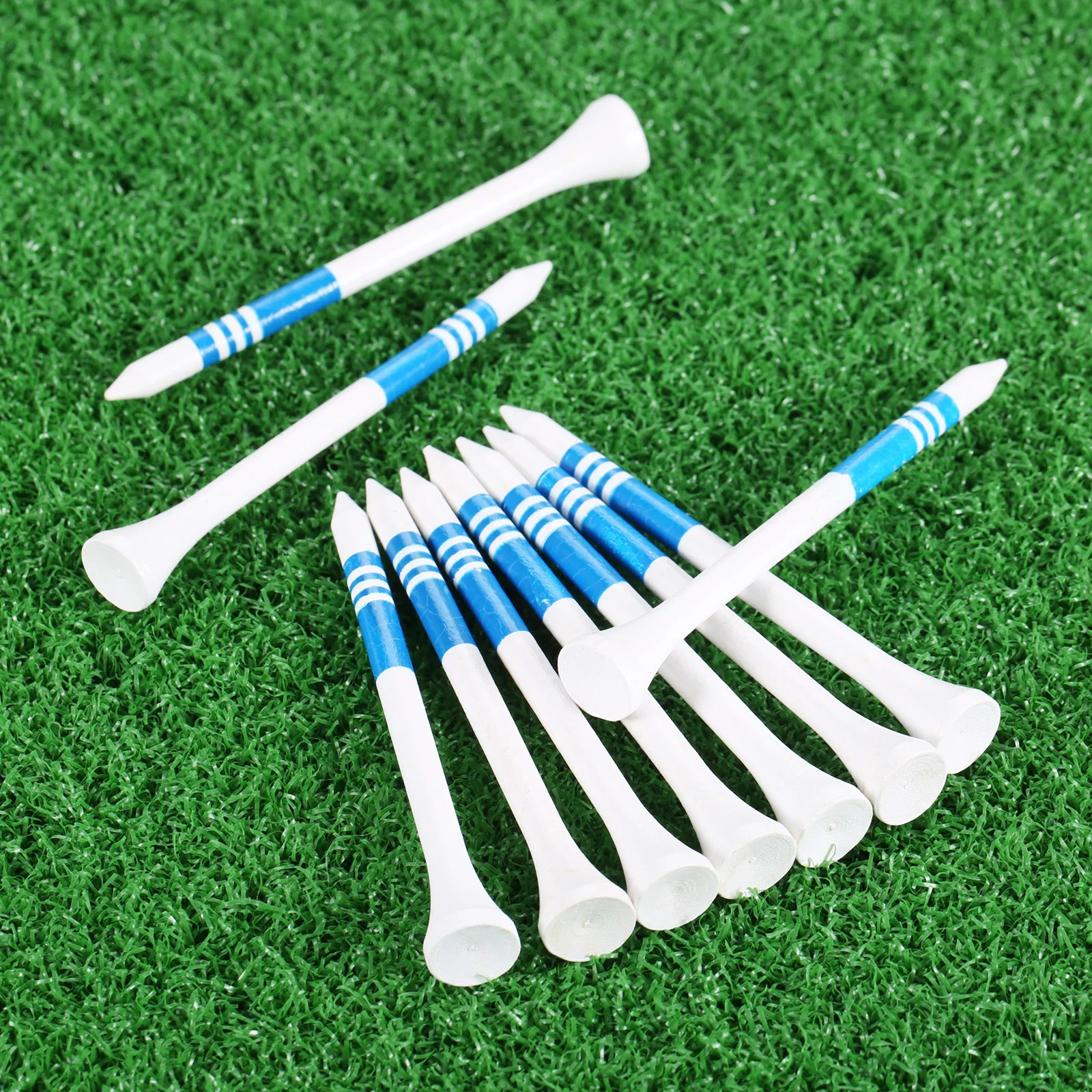 50Pcs 83mm Wooden Golf Ball Tee Wood Professional Golf Tees White with Blue Stripe Mark Scale Golf Accesories Practice Supplies