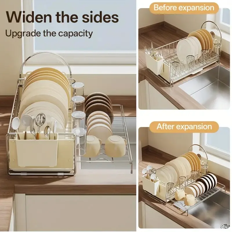 Expandable Kitchen Countertop Dish Rack with Cup Holder, Utensil Organizer and Cutting Board Stand, Sink Side Drying Rack