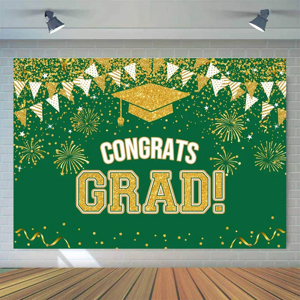 7x5FT Gold Green Congrats Grads Graduation Class of 2024 Prom Caps Custom Photo Studio Backdrop Background Vinyl 220cm x 150cm