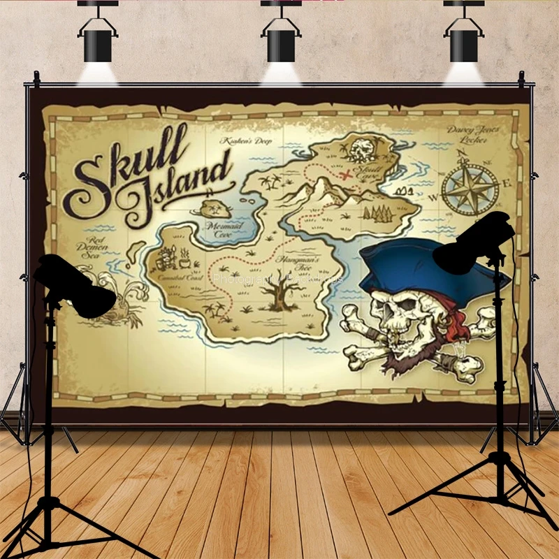 레트로 해적 보물지도 배경, 해상 섬 배경, 생일 파티, 신생아 소년 초상화 사진 소품