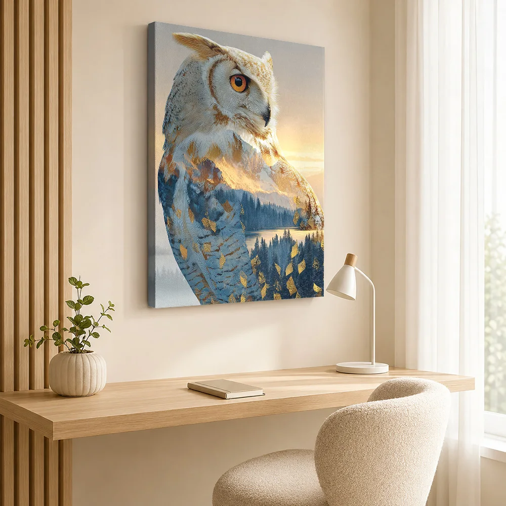 Double Exposure Owl Landscape Framed Canvas Print Poster Customized Photo Funny Animal Wall Paintings Decoration for Kids Room