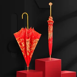 Red Umbrella Wedding Bridal Umbrella Wedding High-end Lace Embroidery Big Red Long Handle  Celebration