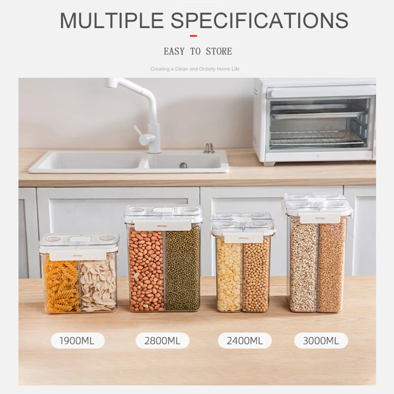 2023 New Cereal  Grain Dispenser, 4-Compartment Airtight Food Storage Containers Nuts Jars Seal Box for kitchen Storage Organiza