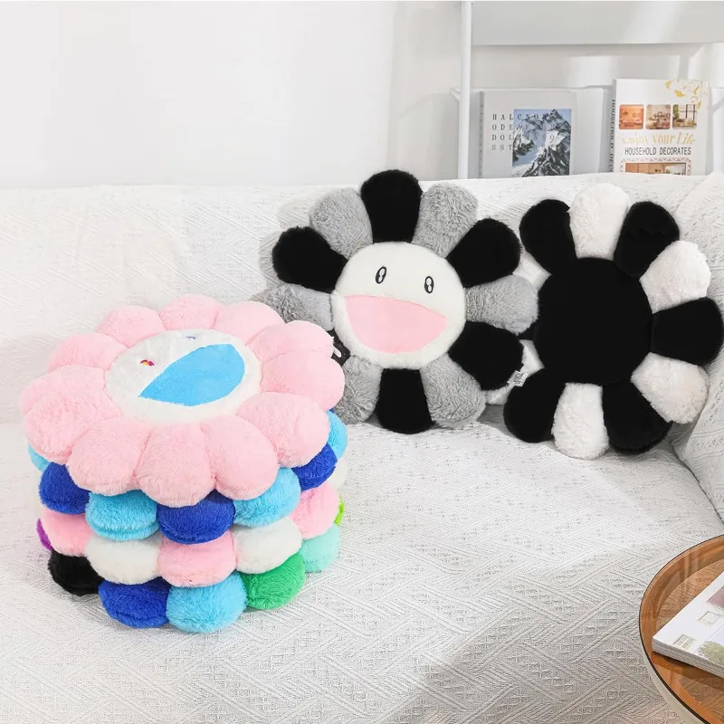 Cozy Sunflower Plush Cushion Cute Flower Face Stuffed Cushion Colorful Rainbow Floor Pillow Sofa Decorative Bedroom Accessories