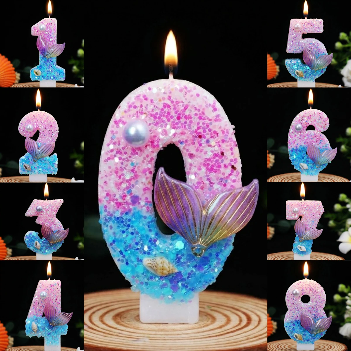 Pearl Mermaid Tail Gradient Blue Shell Cake Birthday Candles  0-9 Number  Decor for Party Anniversaries