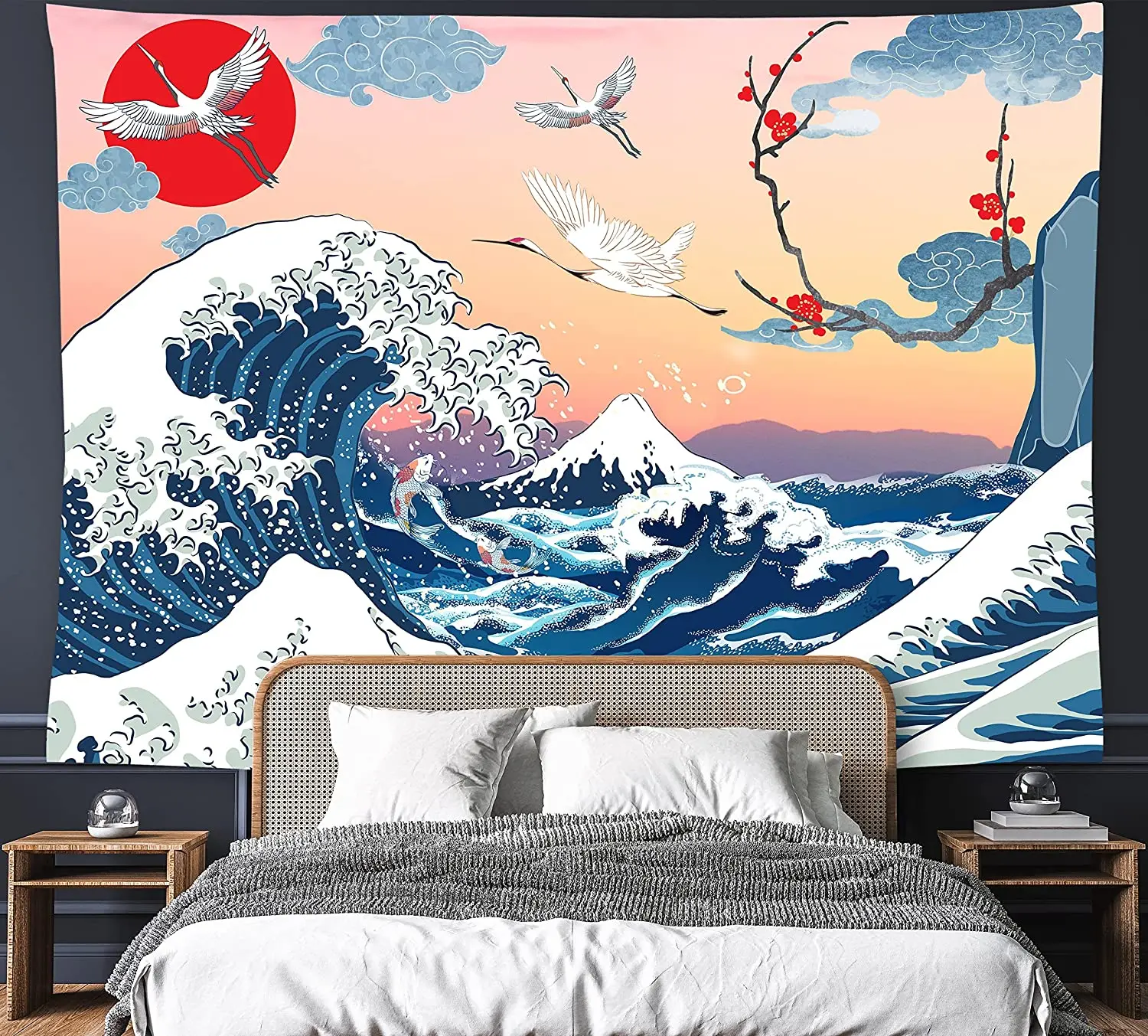 Japanese Kanagawa Great Wave Tapestry Mount Fuji Crane Cherry Blossom Wall Hanging Party Decorations Home Decor For Bedroom Dorm