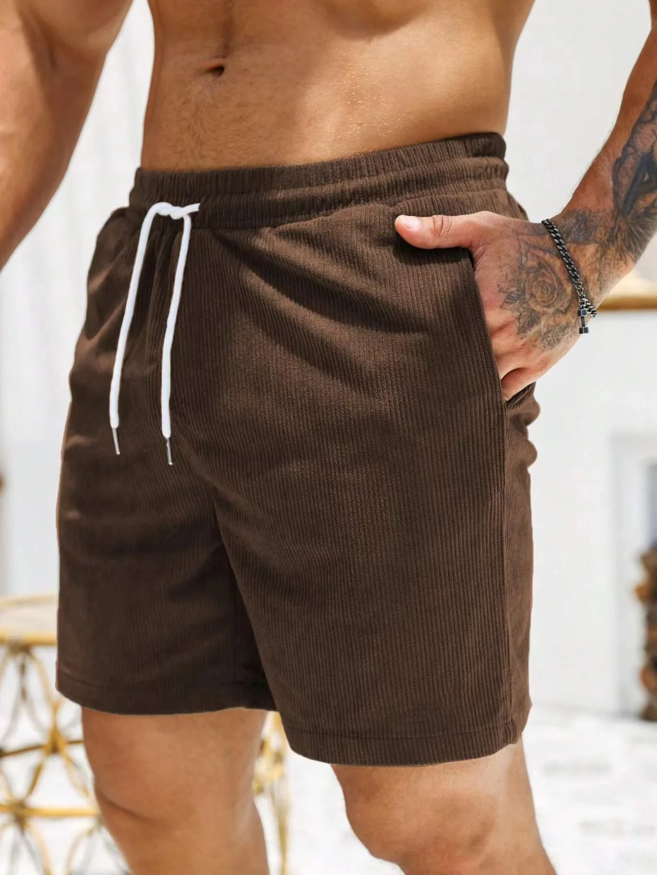 

2025 New Summer new solid color lace-up sweatpants corduroy simple quarter shorts men's shorts casual pants