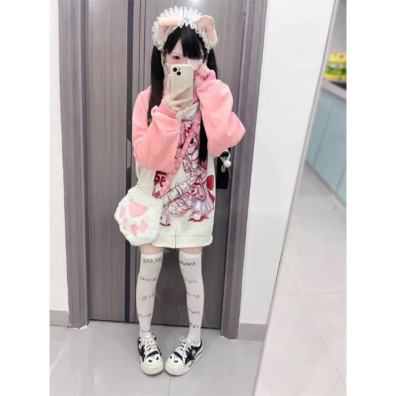 Summer Thin Subculture Hoodies with Hooded Anime Print Long Sleeve Zipper Thin Hoodie Loose Hoodie Woman Pink Patchwork Coat