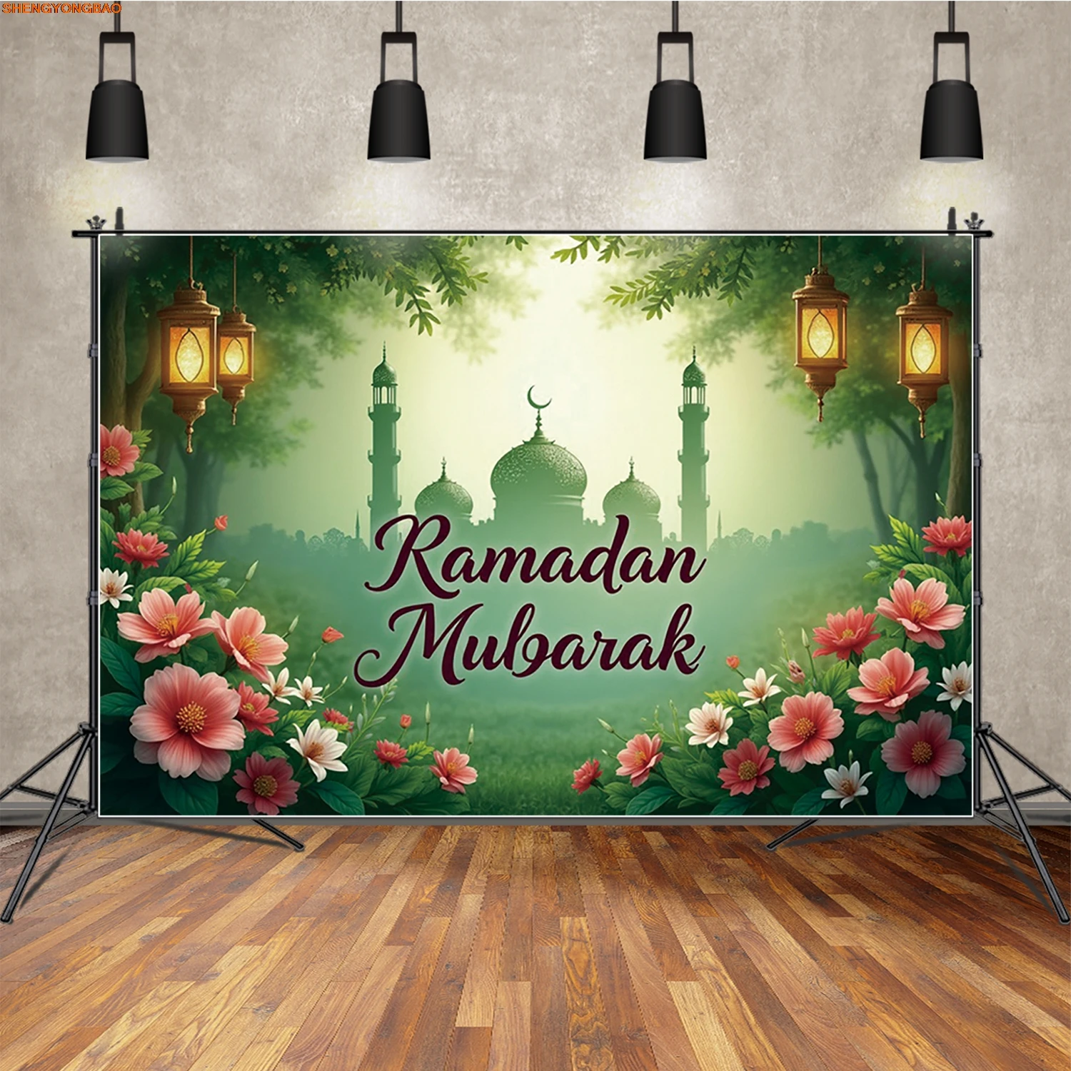 

Eid Al-Fitr Festival Photography Backdrop Green Mosque Flowers Photozone Background Banner Islamic Believer Decoration