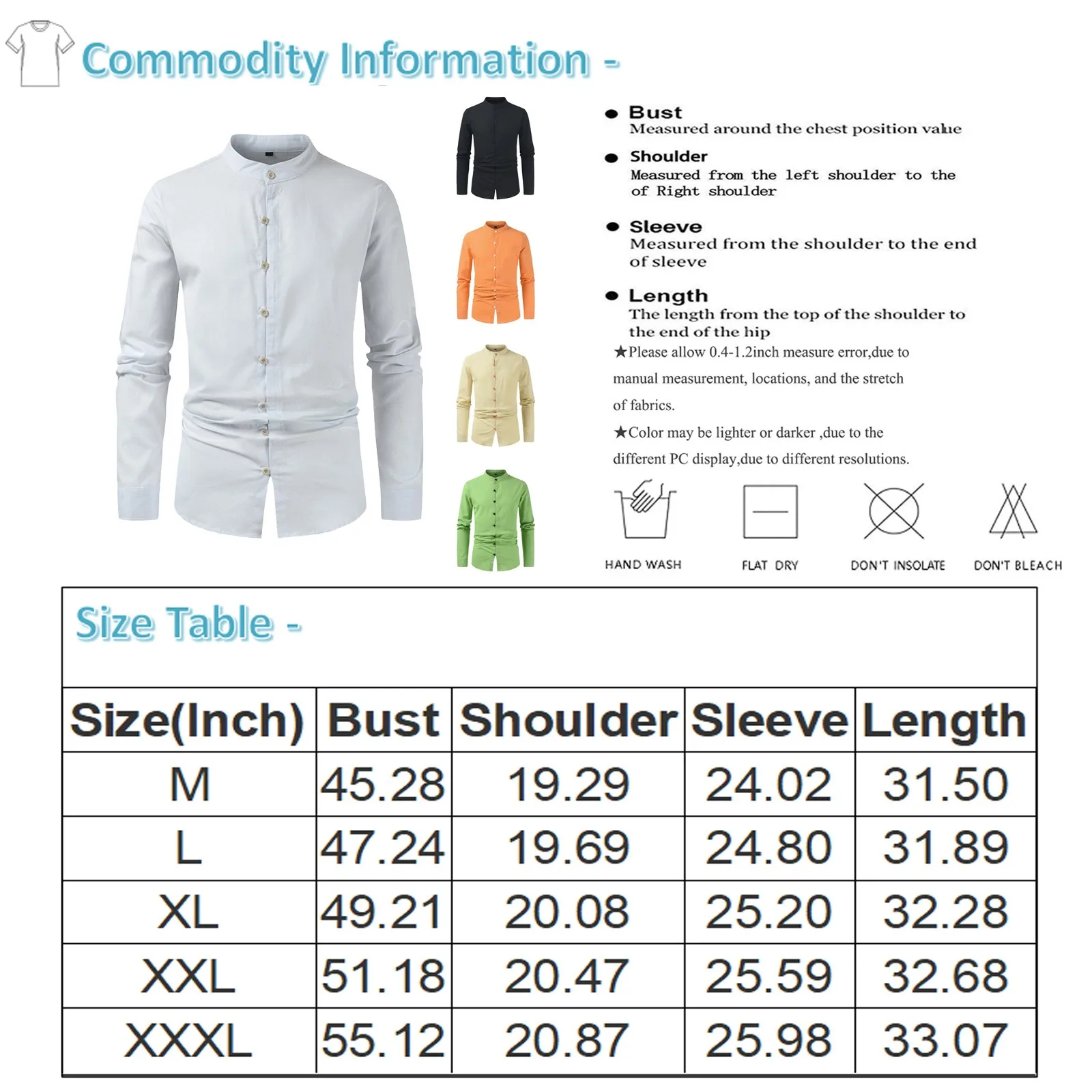 Camicie con colletto alla coreana da uomo camicie a maniche lunghe retrò di tendenza moda camicie aderenti con bottoni in lino di cotone tinta unita primavera estate