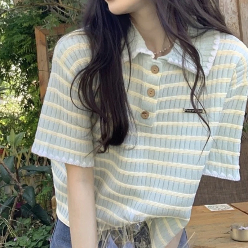

Blue Stripe Short Sleeve T-shirt Fashion Versatile Summer Women Button Laple Pullover New Casual Sweet Simple Loose Tops