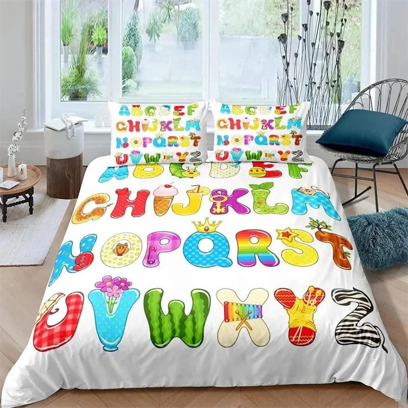 Cartoon Numbers King Queen Duvet Cover Lovely Animals Bedding Set Kids Colorful English Alphabet 2/3pcs Polyester Quilt Cover
