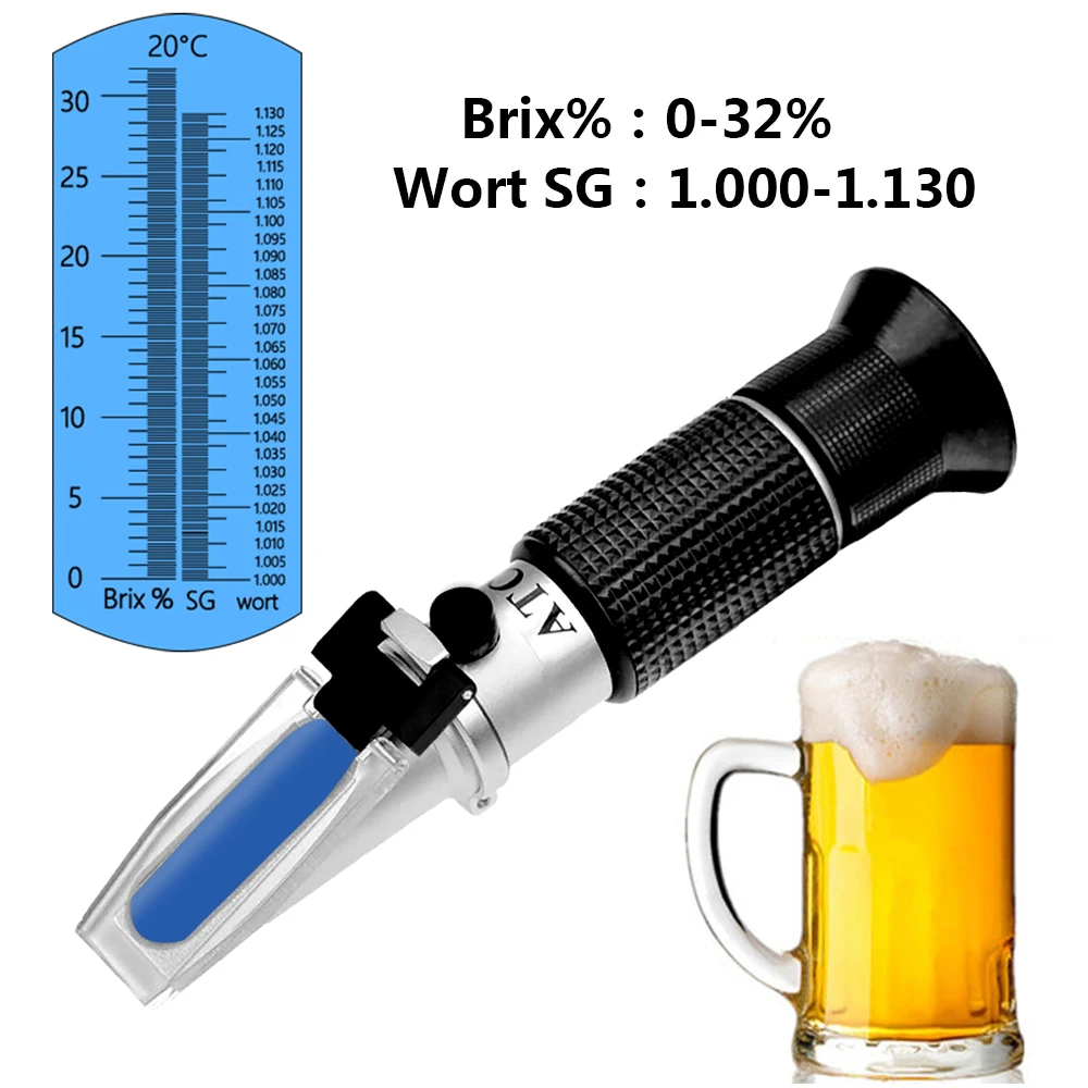 Bierwürze Weinrefraktometer Spezifisches Gewicht 1.000-1.130 Handheld 0-32 % Brix Zuckerkonzentrationsmessgerät Brauttester Densimete