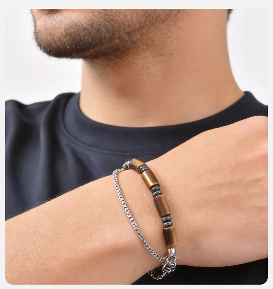 Vnox Herren Tigerauge-Perlen Kubanische Kette Armbänder, Edelstahl Gliederarmband Steinschmuck Geschenk für Vater Papa Ehemann Sohn Ihn – Detail 2
