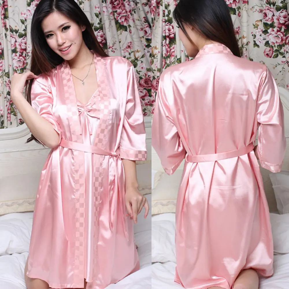 Rose Red Two-set Robes Nightgown Women New Brand Candy Colors Sexy Red Bath Robe Sleepwear Fashion Loose Large Size Silk Robe